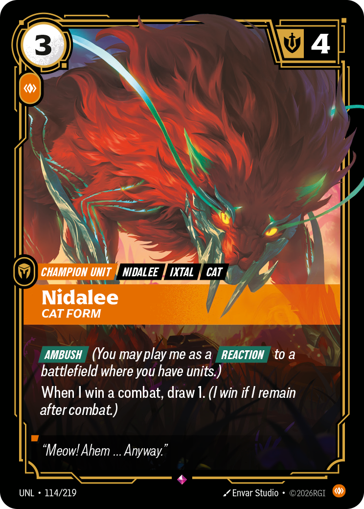 Nidalee, Cat Form UNL-114 - Riftbound Standard Art, English reference artwork