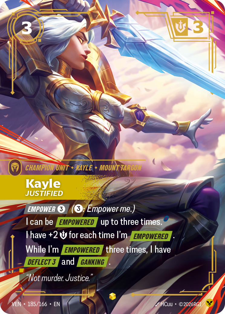 Kayle, Justified (Overnumbered) VEN-185 - Riftbound Overnumbered, English reference artwork