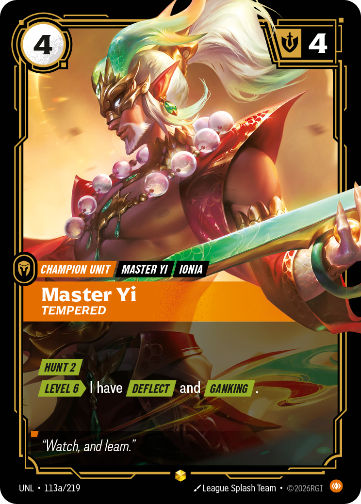 Master Yi, Tempered (Alternate Art) UNL-113A - Riftbound Alternate Art, English reference artwork
