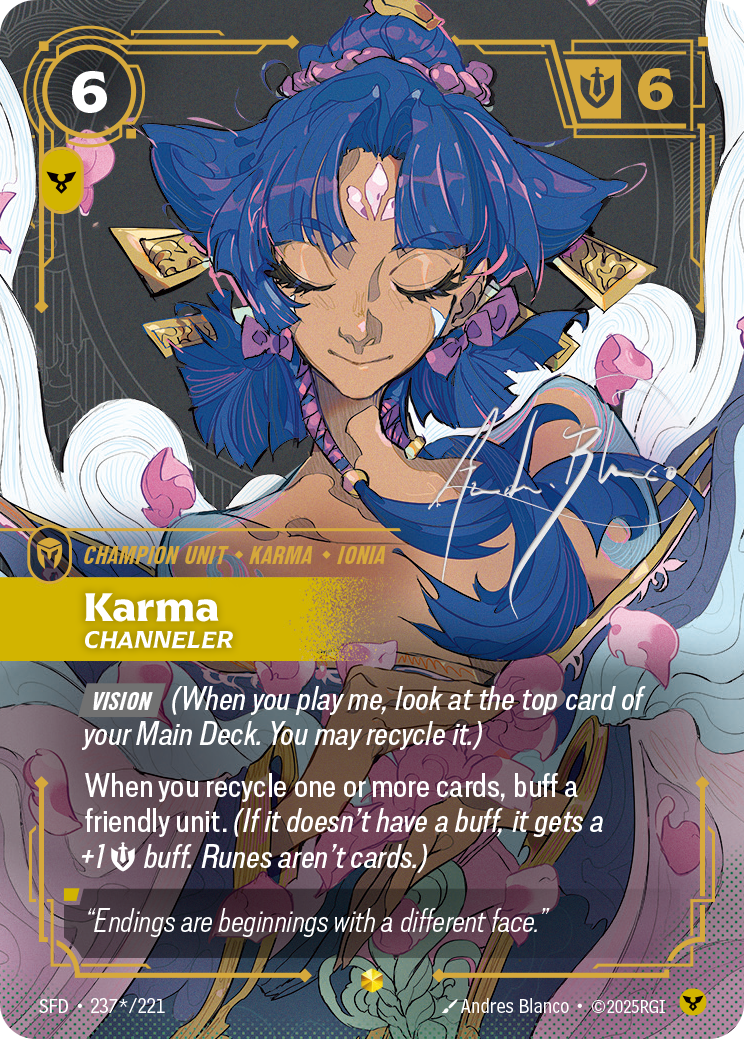 Karma, Channeler (Signature) SFD-237S - Riftbound Signature, English reference artwork