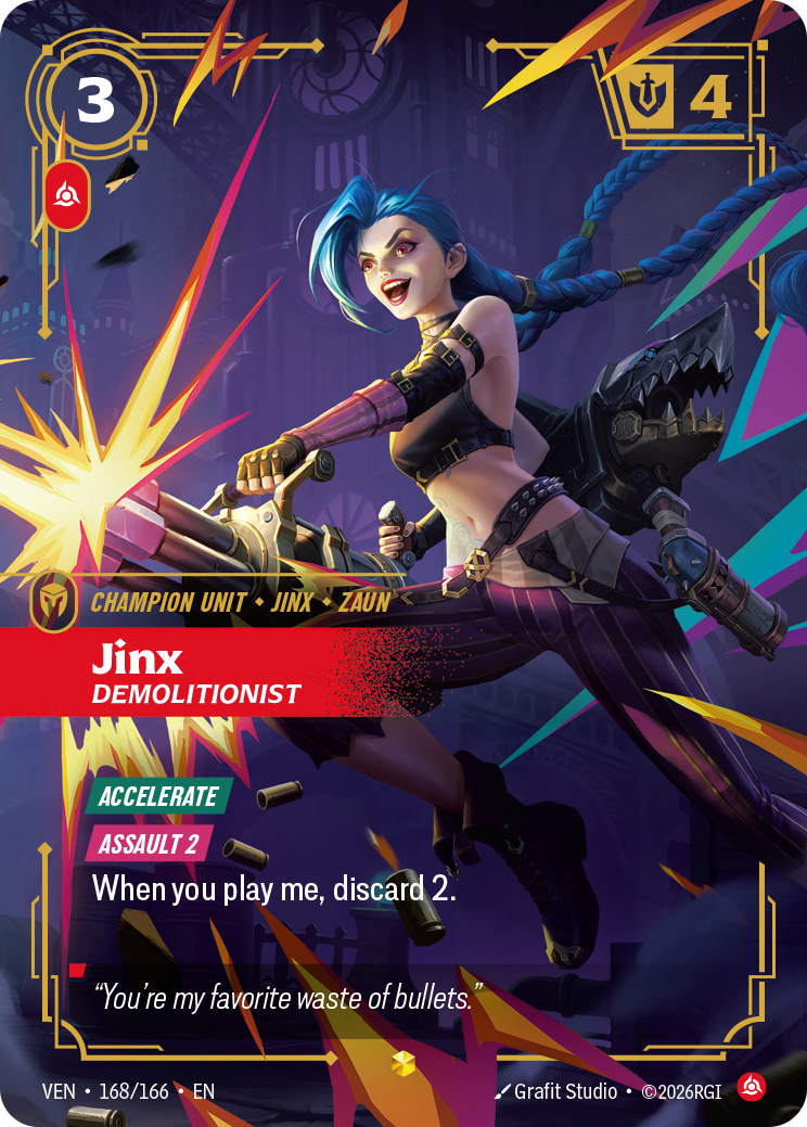 Jinx, Demolitionist (Overnumbered) VEN-168 - Riftbound Overnumbered, English reference artwork