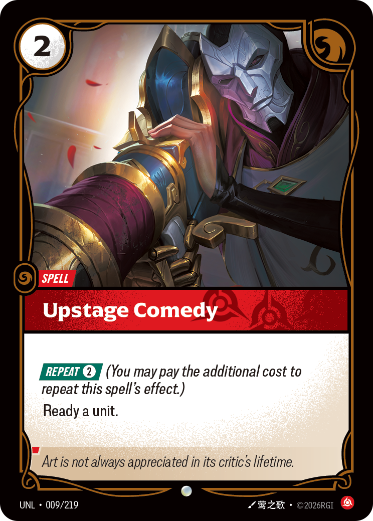Upstage Comedy UNL-009 - Riftbound Standard Art, English reference artwork