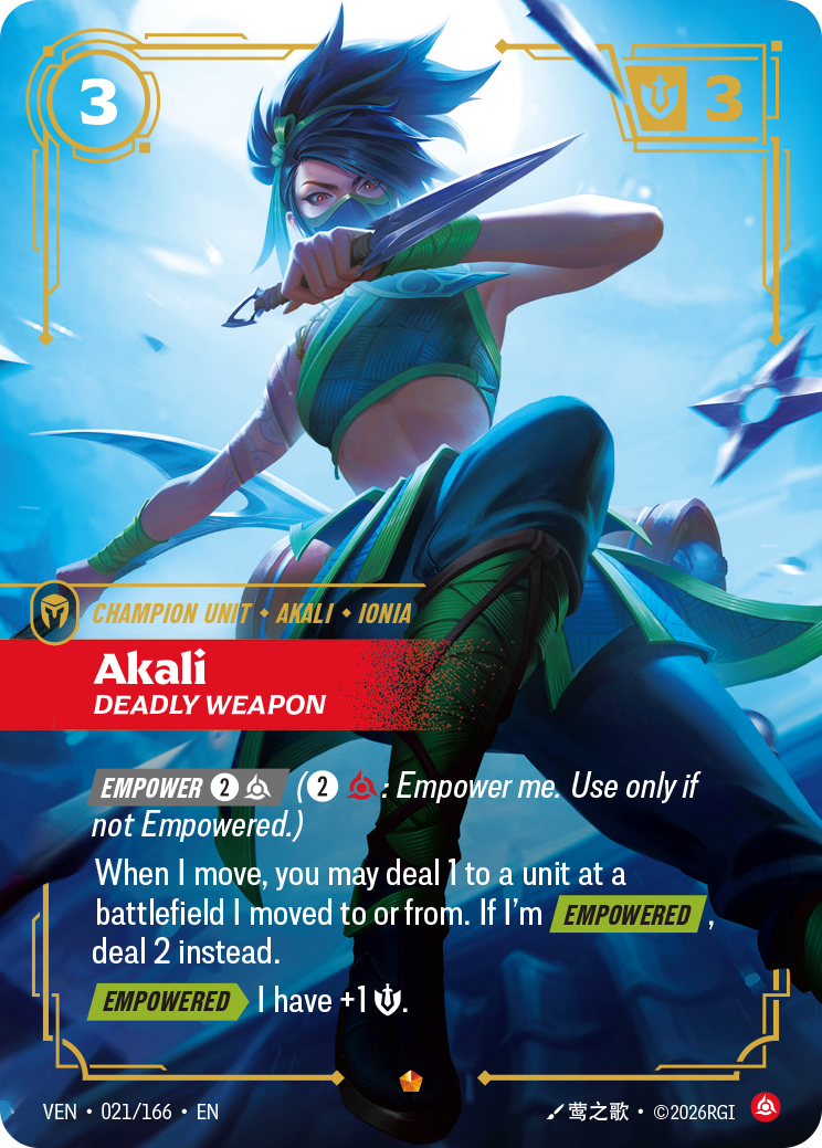 Akali, Deadly Weapon VEN-021 - Riftbound Standard Art, English reference artwork
