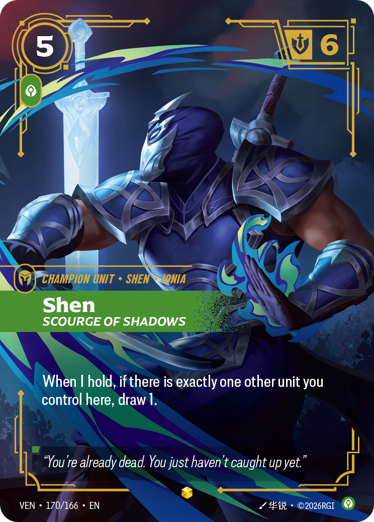 Shen, Scourge of Shadows (Overnumbered) VEN-170 - Riftbound Overnumbered, English reference artwork