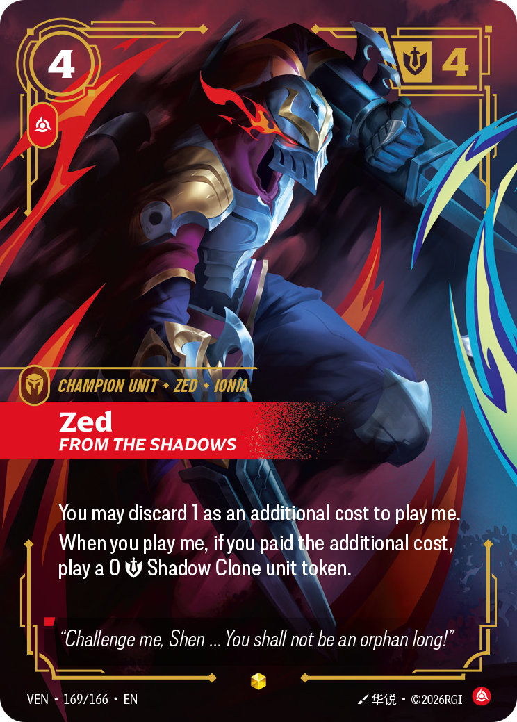 Zed, From the Shadows (Overnumbered) VEN-169 - Riftbound Overnumbered, English reference artwork