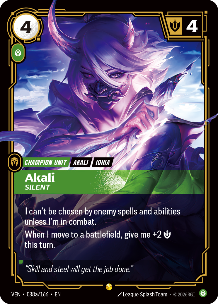 Akali, Silent (Alternate Art) VEN-038A - Riftbound Alternate Art, English reference artwork