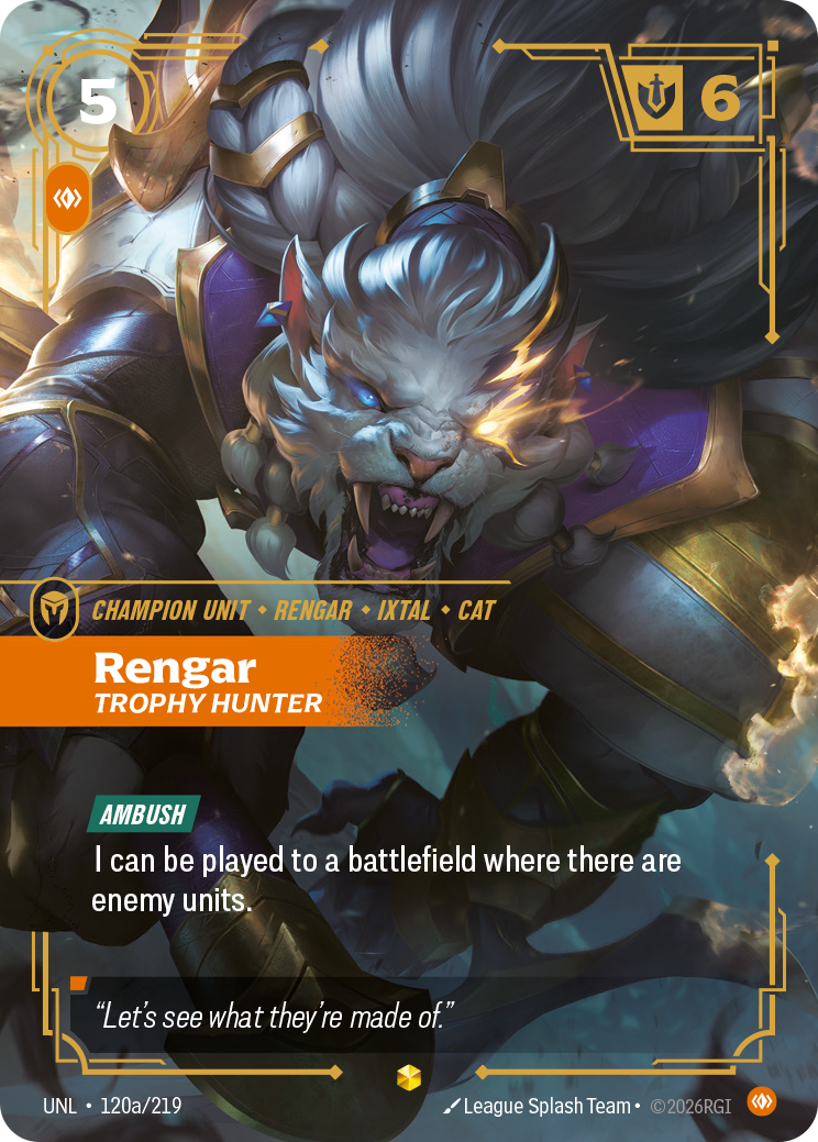 Rengar, Trophy Hunter (Alternate Art) UNL-120A - Riftbound Alternate Art, English reference artwork