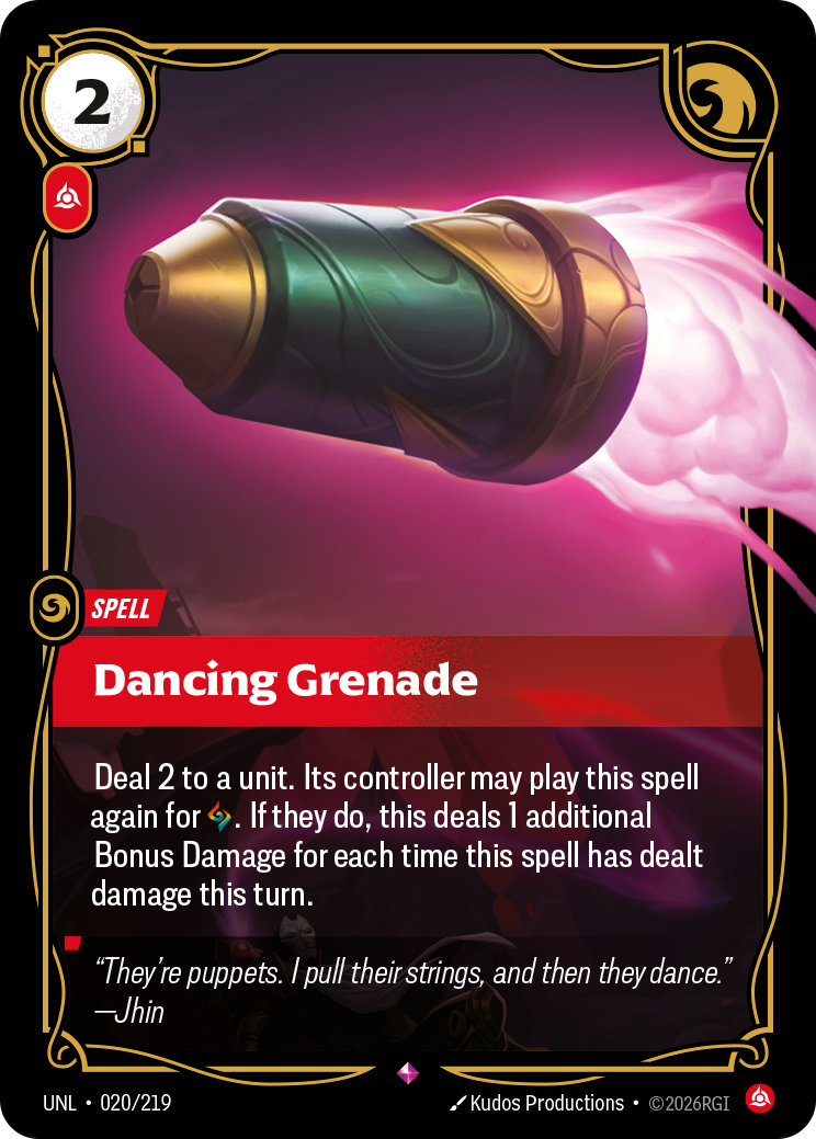 Dancing Grenade UNL-020 - Riftbound Standard Art, English reference artwork