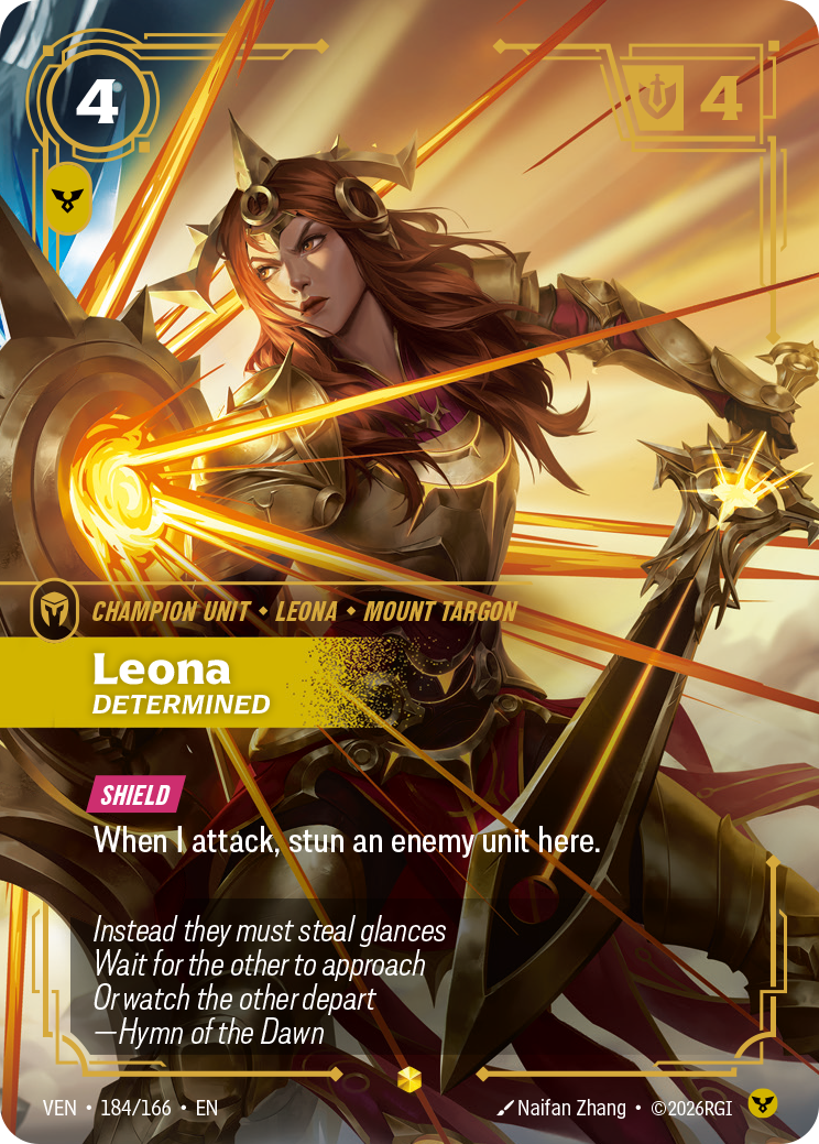 Leona, Determined (Overnumbered) VEN-184 - Riftbound Overnumbered, English reference artwork