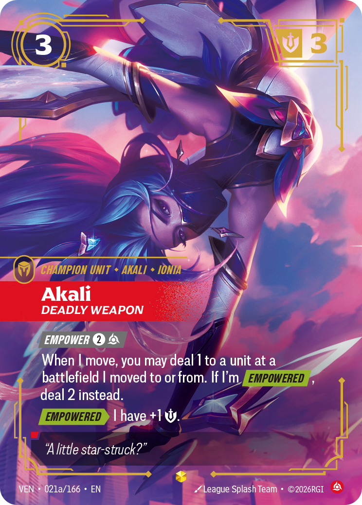 Akali, Deadly Weapon (Alternate Art) VEN-021A - Riftbound Alternate Art, English reference artwork
