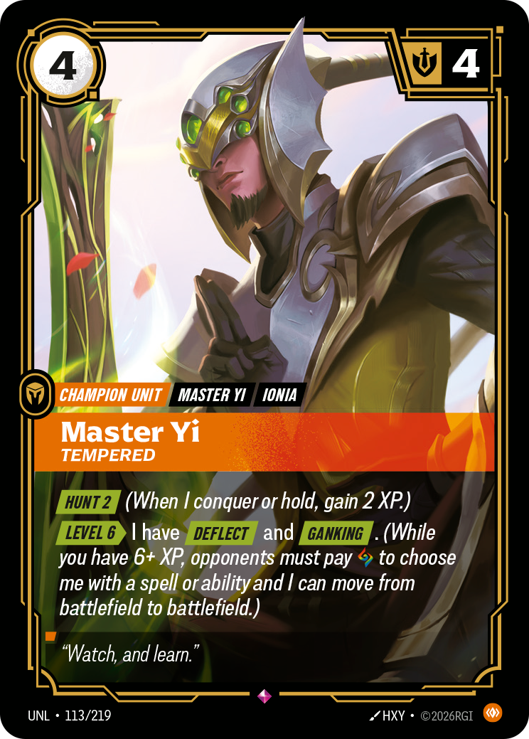 Master Yi, Tempered UNL-113 - Riftbound Standard Art, English reference artwork
