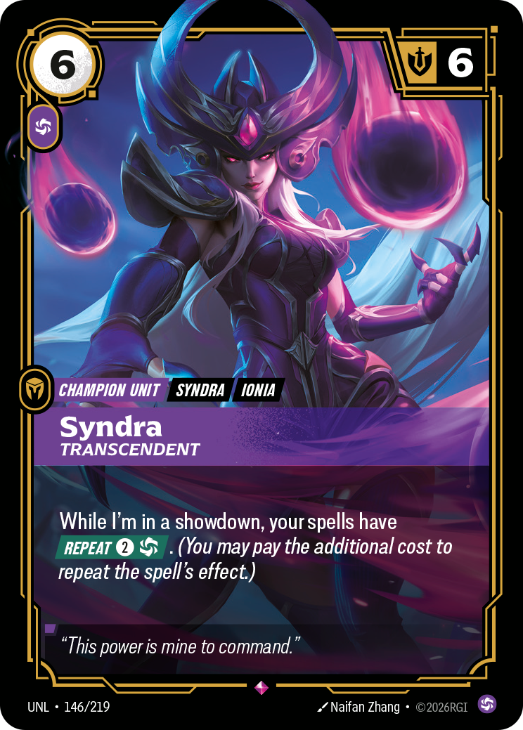 Syndra, Transcendent UNL-146 - Riftbound Standard Art, English reference artwork
