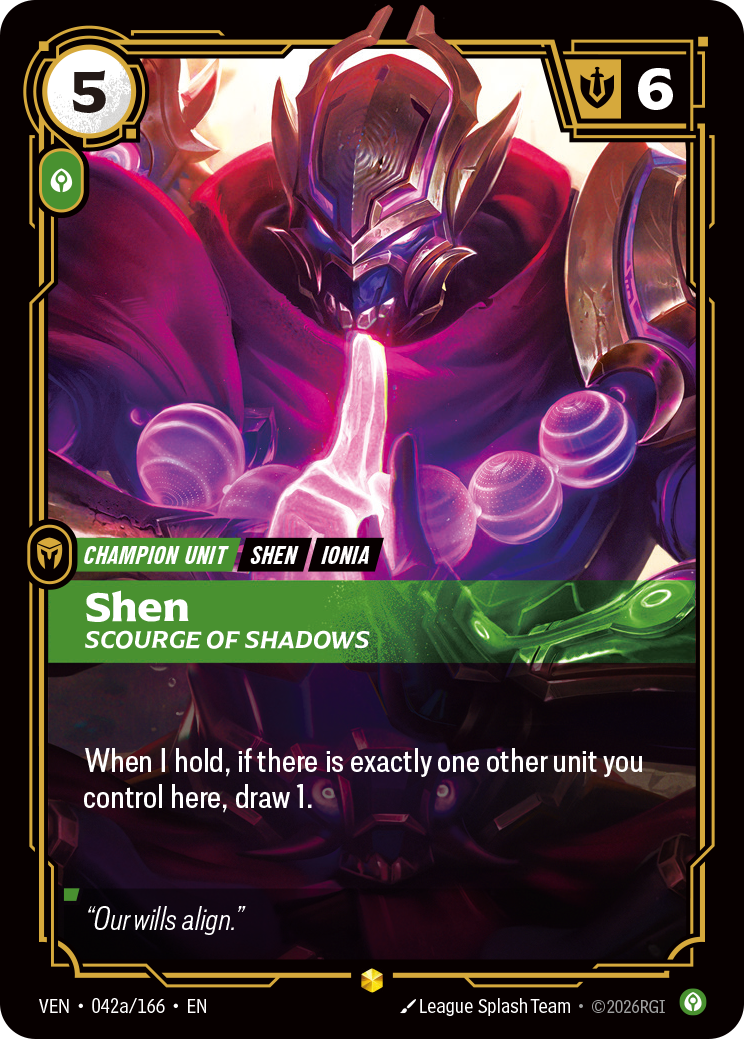 Shen, Scourge of Shadows (Alternate Art) VEN-042A - Riftbound Alternate Art, English reference artwork