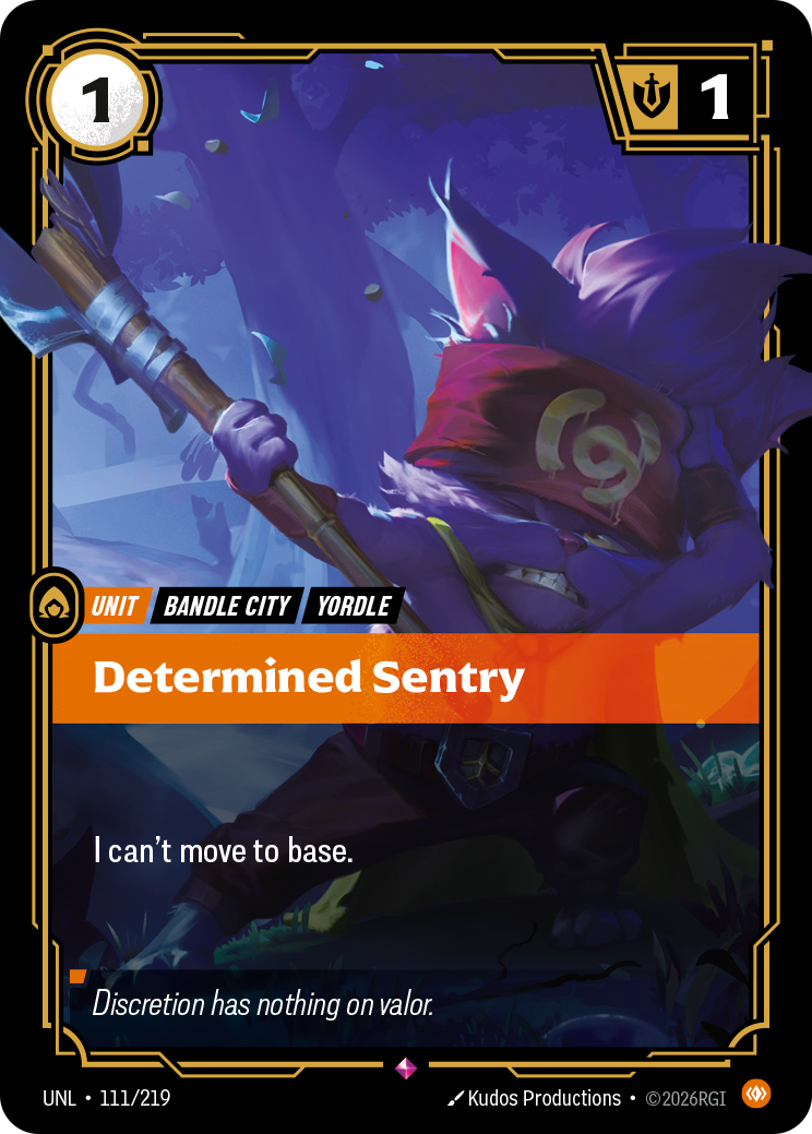 Determined Sentry UNL-111 - Riftbound Standard Art, English reference artwork