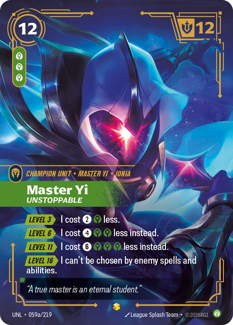 Master Yi, Unstoppable (Alternate Art) UNL-059A - Riftbound Alternate Art, English reference artwork