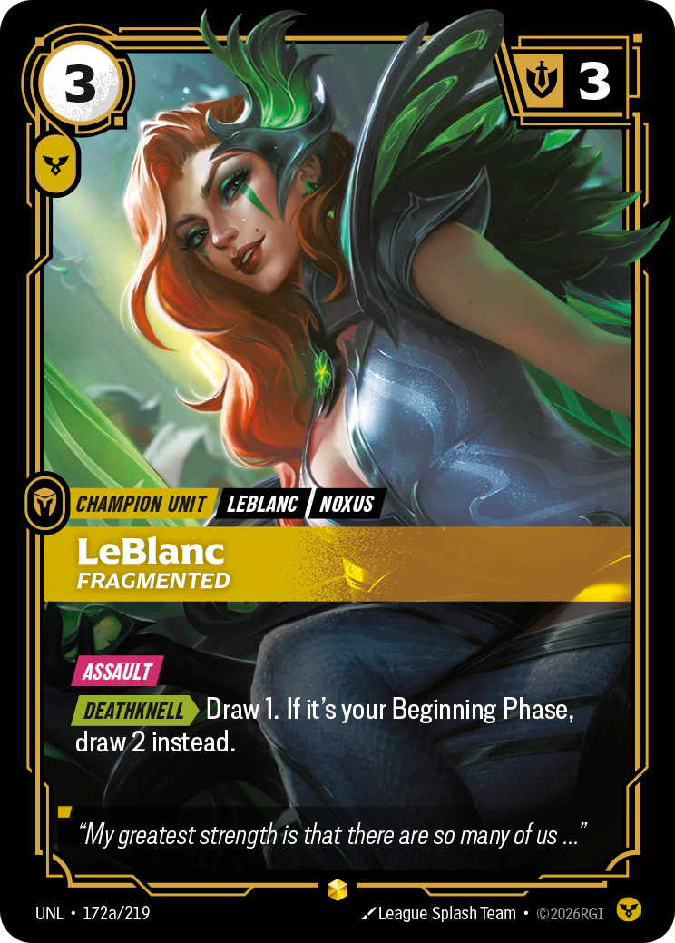 LeBlanc, Fragmented (Alternate Art) UNL-172A - Riftbound Alternate Art, English reference artwork