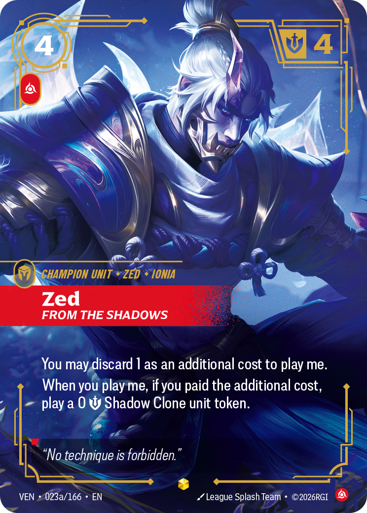 Zed, From the Shadows (Alternate Art) VEN-023A - Riftbound Alternate Art, English reference artwork