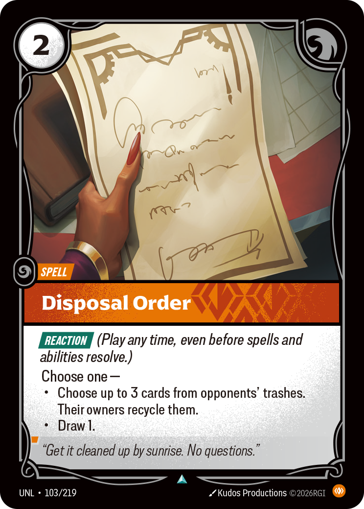 Disposal Order UNL-103 - Riftbound Standard Art, English reference artwork