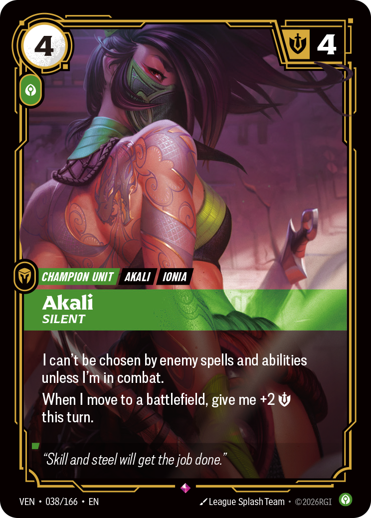 Akali, Silent VEN-038 - Riftbound Standard Art, English reference artwork