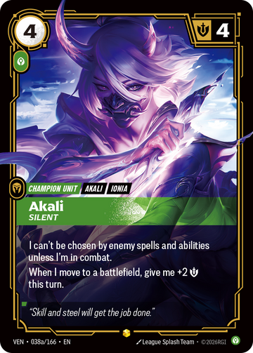 Akali, Silent (Alternate Art) VEN-038A - Riftbound Alternate Art, English reference artwork