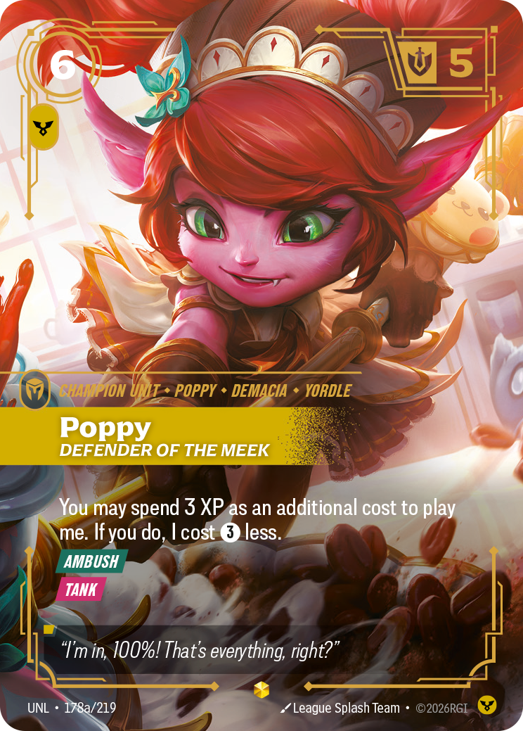 Poppy, Defender of the Meek (Alternate Art) UNL-178A - Riftbound Alternate Art, English reference artwork